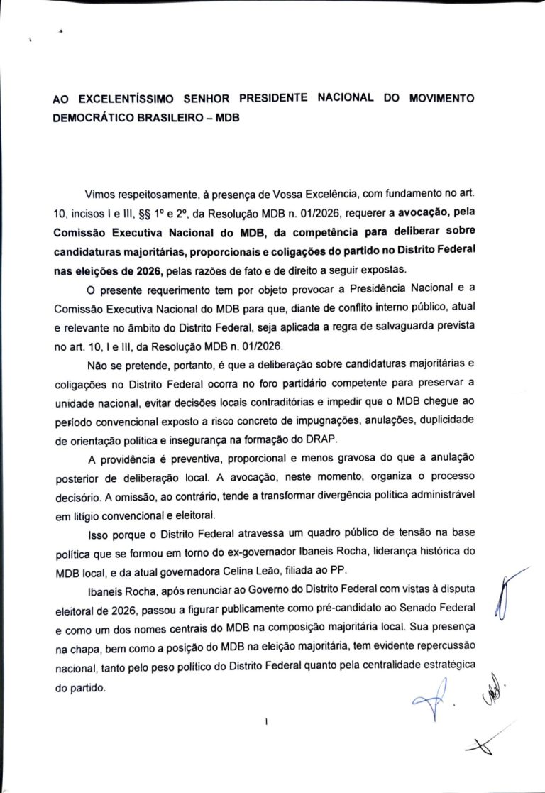 Intervenção Nacional no MDB-DF coloca o partido em colisão com Celina